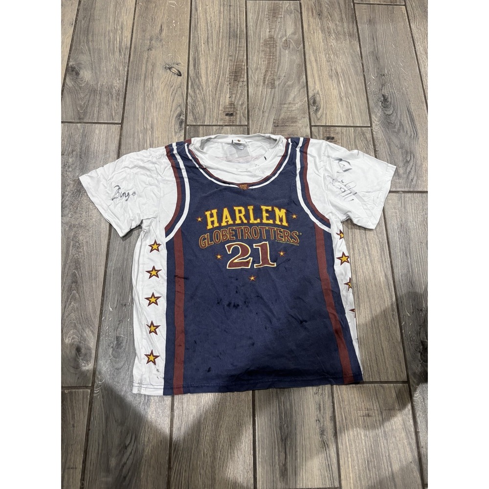 Harlem Globetrotters #21 T-Shirt Autographed by 'Bingo' - White, Navy Blue, L